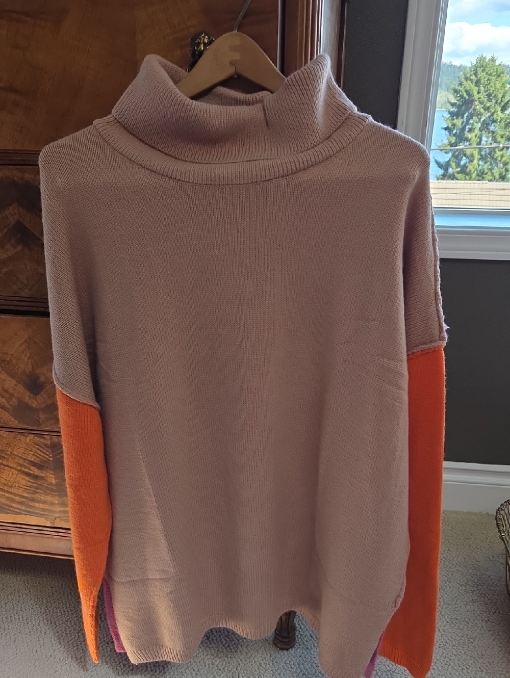 NWT Relaxed Cowl Neck Sweater in Mauve with Orange Sleeves, Split Side Hem
